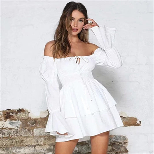 White Dress with Square Neck and Flare Sleeves