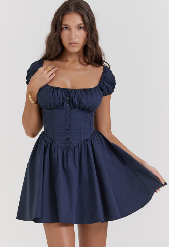 Navy Blue Fit & Flare Corset Mini Dress with Cap Sleeves